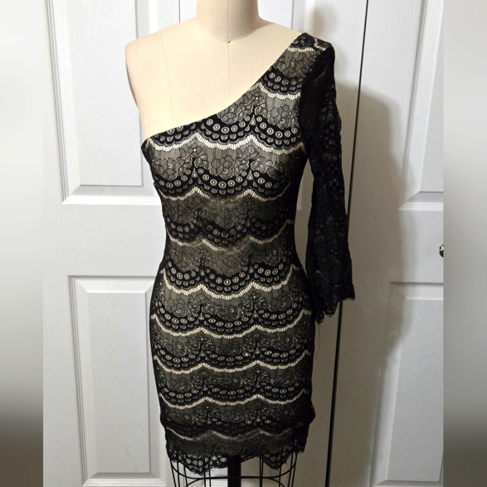 Black Lace One Sholder Dress, Long Sleeved on one side, Size Small, Like New